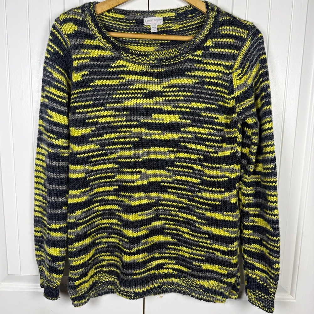 A Pea in the Pod Maternity Sweater M Gray Yellow Striped Chunky Knit Pullover